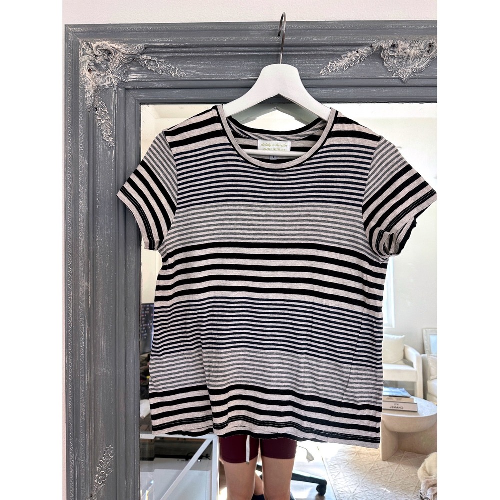 The Lady & The Sailor Striped Cotton Cashmere Short Sleeve Tee Black Grey 1